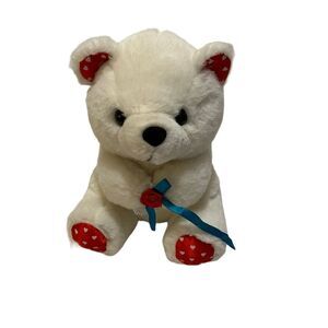 Diamond Plush Toys White Bear Teal Ribbon Holding Rose Heart Paws 10" Stuff Toy